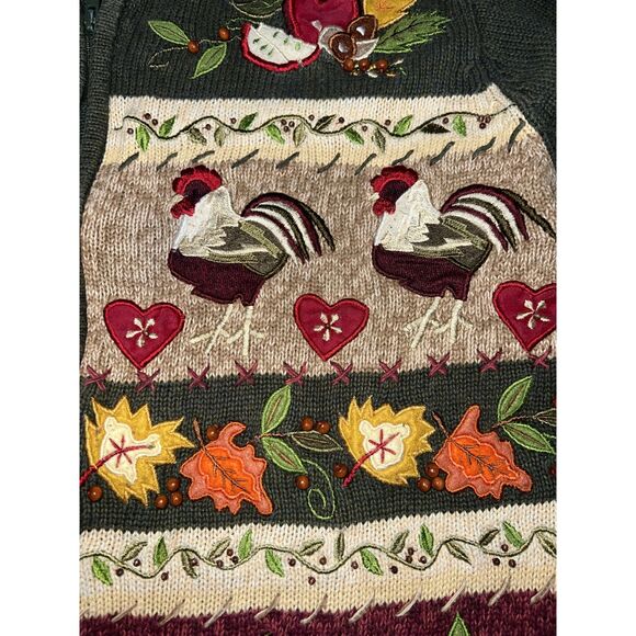 Fall Chicken Thanksgiving Flower Knit Vintage Green Granny Zip M Sweater RN83437 - Picture 3 of 6
